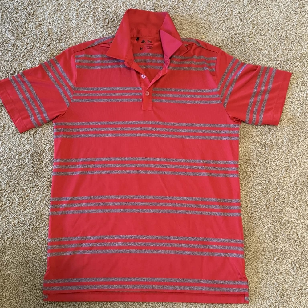 Adidas Pink and Gray Striped Polo Shirt